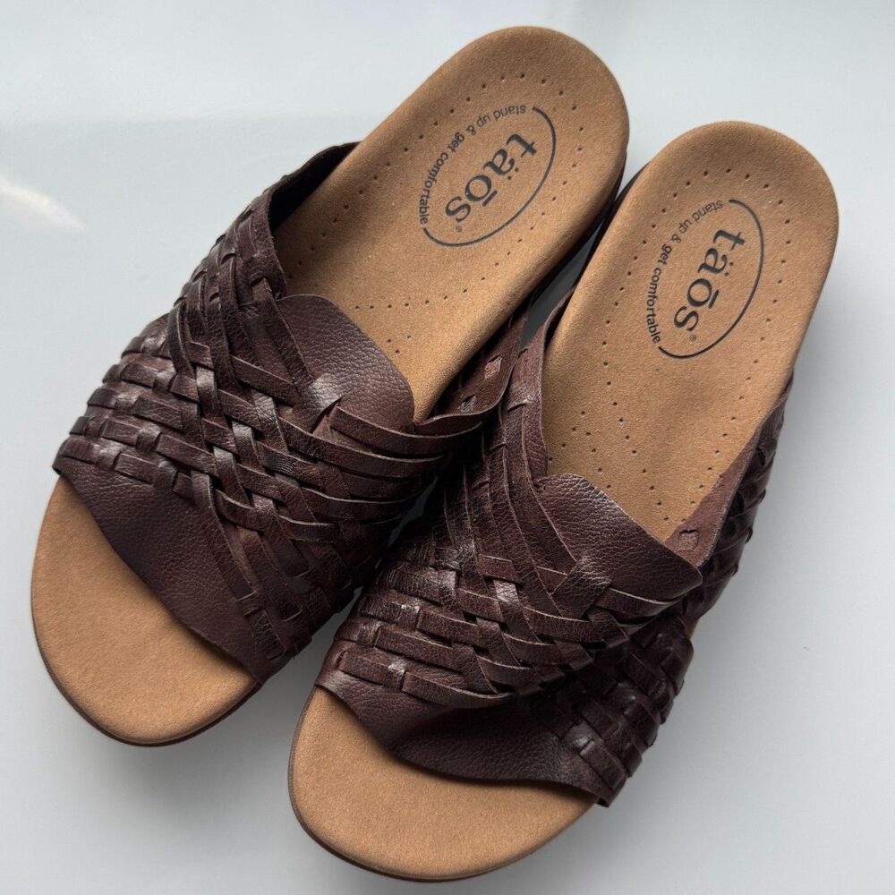 Taos Guru Woven Chocolate Brown Leather Slide Sandals Comfort Shoes Womens US 9 - Picture 2 of 7